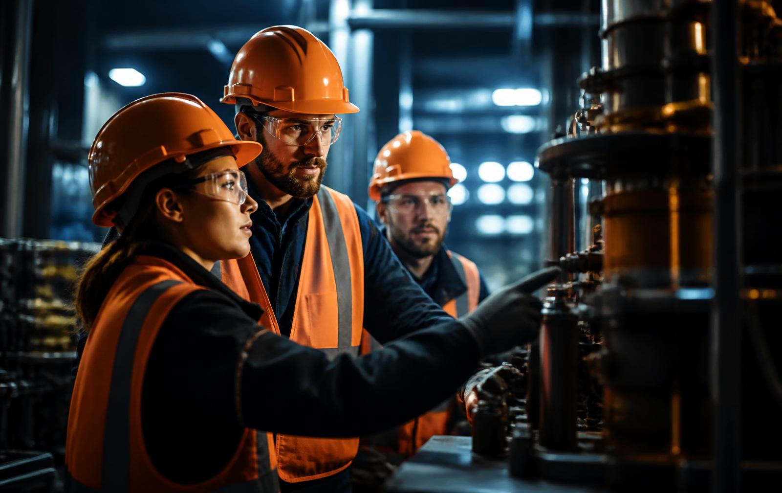 Equipe usando EPIs em inspeção industrial